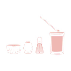 Matcha tea illustration set. Original hand-drawn green tea illustrations featuring matcha brewing utensils, a bamboo whisk, and a Japanese matcha tea brush—perfect for posters, cards, and cafes.