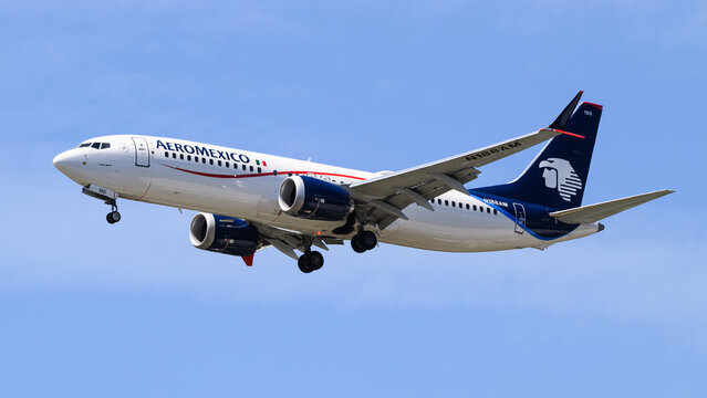SeaTac, WA, USA - July 2, 2025; AeroMexico Boeing 737 Max 8 in landing configuration registration N188AM