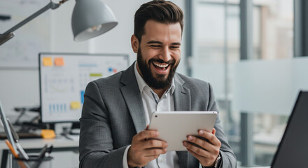 A bearded man in a suit laughing while holding a tablet in an office setting with a computer nearby