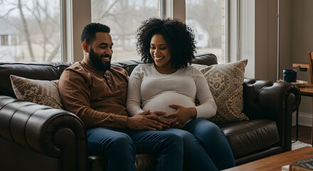 Obraz premium Expectant couple sitting together on a couch, smiling and touching the pregnant belly.