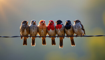 Colorful birds perched on a wire at sunset nature photography beautiful scenic environment close-up view
