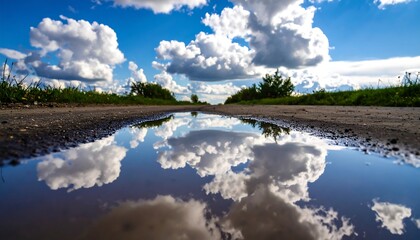Fototapeta premium Puddle reflecting a sky of clouds