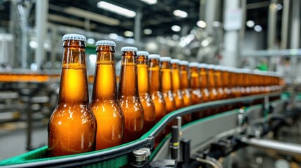Bottles on a conveyor belt in a brewery