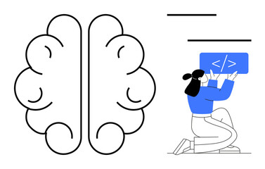 Brain outline beside a woman holding a blue coding screen, symbolizing innovation, coding, problem-solving, and technology. Ideal for tech, education, creativity, innovation AI science simple