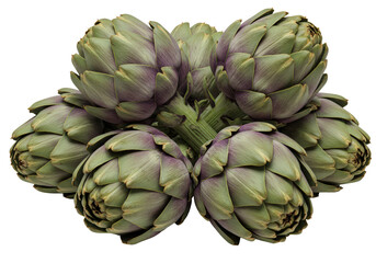 Obraz premium Fresh green & purple artichokes, whole bouquet transparent PNG, top view for healthy food