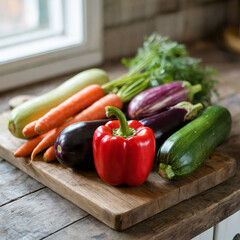 Variedad de Verduras Frescas en Tabla de Madera
