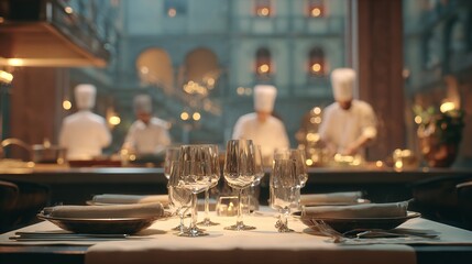 Elegant dining table setup with glassware and warm lighting ambiance