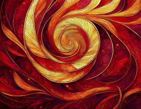 fashion branding for haute couture mythic rebirth divine longing deep ochre and crimson spiritual axis layout gold spirals mosaic like tessellation flat pattern painting fin de sicle