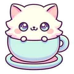 Whimsical Kitty Cup: A cute illustrated kitten comfortably nestled inside a dainty teacup, exuding a sense of warmth and playful charm.