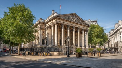 Fototapeta premium Historic building facade with trees and city street