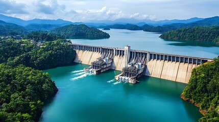 Scenic Panorama of a Hydropower Dam Harnessing Water Energy for Eco-Friendly Electricity Production in a Sustainable Engineering Project
