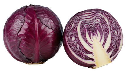 Obraz premium Whole and Halved Red Cabbage PNG on Transparent Background