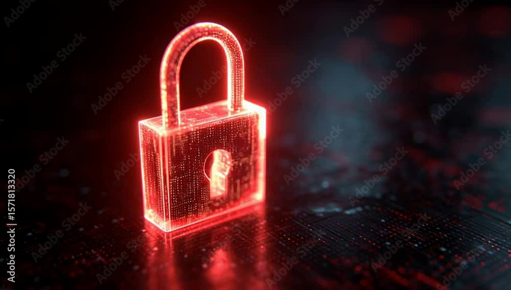 Poster 3d rendering of a digital padlock icon glowing with red light on a blurred background of a computer 