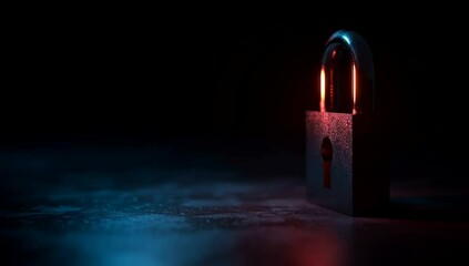 3D rendering of a cybersecurity concept with a padlock icon glowing in red and blue light on a dark background, a symbol of data protection or network safety technology Generative AI - Powered by Adobe