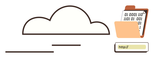 Cloud outline, binary-filled folder, and URL bar for web access. Ideal for technology, cloud computing, data storage, file sharing, networking digital transformation modern minimalism. Simple flat