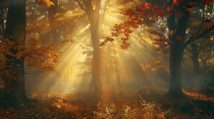 Mystical woodland colorful autumn leaves gently drifting through foggy enchanted forest soft morning light golden hour rays filtering through trees meditation space cinematic copy space tranquil mood
