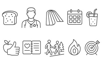 Lifestyle and wellness linear icon set. flat symbols of health, fitness, relaxation