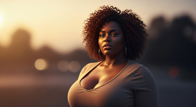 Black woman with curly hair standing outdoors. The lighting suggests it's near sunset or sunrise, with a soft, warm glow in the background creating a serene atmosphere.