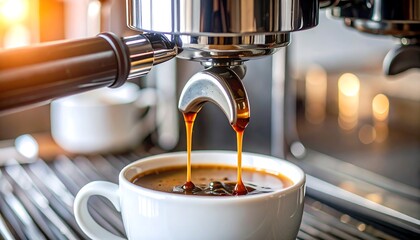 Coffee espresso pouring into a white cup