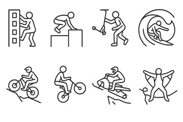 Outdoor adventure linear icon set. climbing, biking, surfing, and more line icons