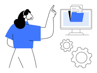 Person with headset pointing at digital folder on computer screen, gears indicating system management. Ideal for teamwork, file management, digital solutions, IT services, workflow, customer support
