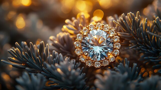 A stunning close-up of a diamond ring on pine branches, showcasing its brilliance amidst a beautiful bokeh background, perfect for jewelry lovers.