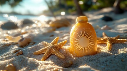 A beautiful beach scene featuring a bottle of sunscreen surrounded by starfish and soft sand, evoking summertime relaxation and coastal beauty.