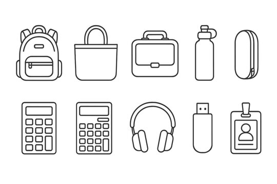 Office essentials line icon set. backpack, calculator, usb, headphones, bottle