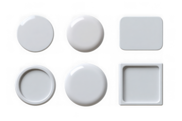 Collection of six white circular and rectangular buttons isolated on transparent background