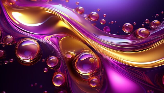abstract dark neon colored bubbles and liquids texture pattern close up oil water beverage natural texture and motion stream background metallic luster vivid purple pink golden colors wallpaper