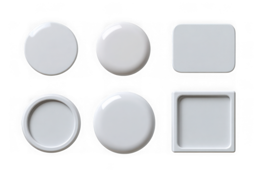 Collection of six white circular and rectangular buttons isolated on transparent background