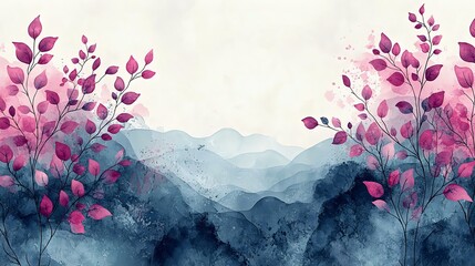 Stunning watercolor landscape featuring soft mountains and vibrant pink foliage. Ideal for nature, art, and background themes.