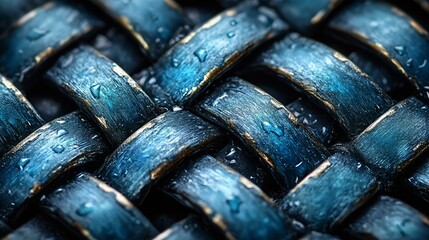 Close-up of a textured blue woven surface with droplets of water, showcasing intricate details and vibrant colors.