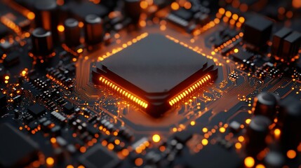 Obraz premium Close-up of a modern computer chip on a circuit board, illuminated by orange lights, showcasing advanced technology and intricate design.