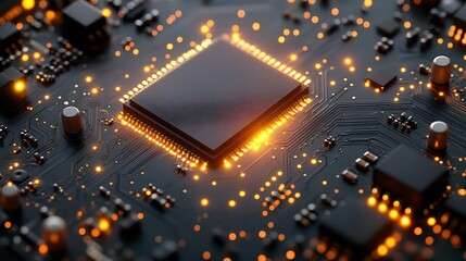 Close-up of a modern microchip on a circuit board with glowing elements, representing technology, innovation, and electronics.