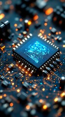 Obraz premium Close-up view of a microchip on a circuit board with glowing connections, illustrating technology and digital innovation in electronics.