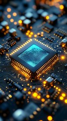 Close-up of a microprocessor on a circuit board, showcasing intricate details and glowing elements, symbolizing technology and innovation.