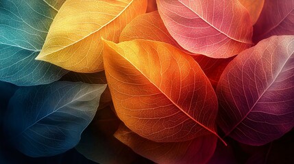 Colorful leaves in vivid shades of orange, yellow, and blue create a stunning autumn-themed background. Perfect for nature and seasonal designs.