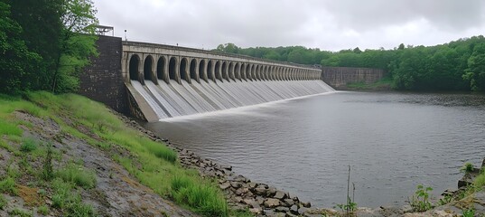 Clean Energy Technology Depicted in a Panoramic Photograph of a Hydel Power Facility Generating Renewable Power from Flowing River Water