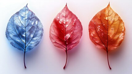 Colorful leaves with water droplets on a white background, showcasing blue, red, and orange hues, perfect for seasonal and nature themes.