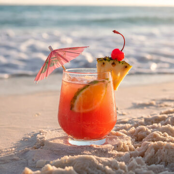 C&oacute;ctel Tropical con Sombrilla y Frutas en la Arena de la Playa