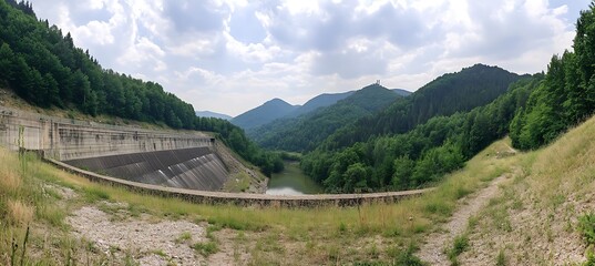 Clean Energy Technology Depicted in a Panoramic Photograph of a Hydel Power Facility Generating Renewable Power from Flowing River Water