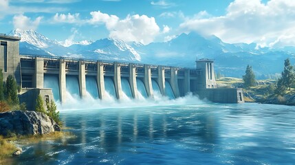 Panoramic Shot of a Hydroelectric Dam Showing Sustainable Energy Operations in a Scenic River Valley Surrounded by Lush Natural Terrain