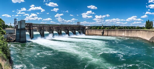 Panoramic Shot of a Hydroelectric Dam Showing Sustainable Energy Operations in a Scenic River Valley Surrounded by Lush Natural Terrain