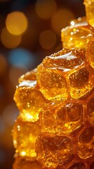 Close-up of honeycomb filled with golden honey, showcasing the delicate structure and vibrant color, perfect for food and nature themes.