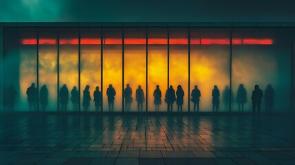 Silhouettes of people waiting behind a frosted glass wall, illuminated by soft colorful lighting. An urban atmospheric scene full of mystery.