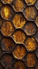 Close-up view of honeycomb patterns showing intricate details and textures in rich golden-brown hues, symbolizing nature's craftsmanship and sweetness.