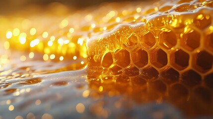 Close-up of golden honeycomb drizzled with golden honey, showcasing the beautiful texture and shine, illuminated by soft light.