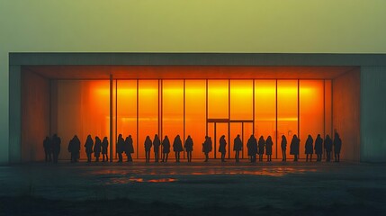 Silhouetted figures stand outside a modern building with a glowing orange facade at dusk, creating a striking and atmospheric scene.