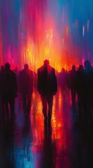 A vibrant abstract scene depicting silhouetted figures walking through a colorful urban environment with bright hues of pink, blue, and orange.